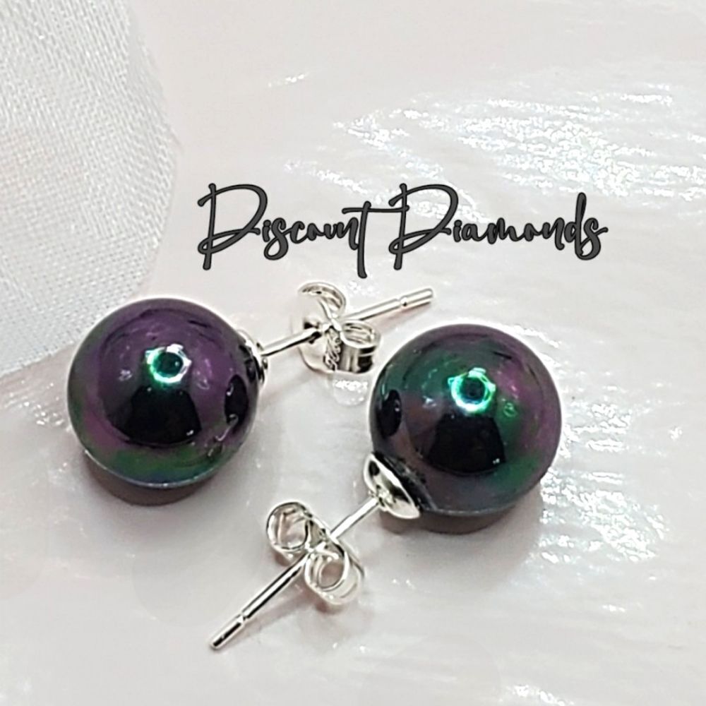 Black Rainbow 10mm  South Sea Shell Pearl Stud Earrings on 925 Sterling Silver